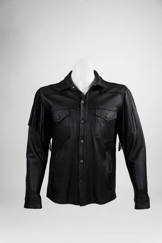 Black Fringe Leather Shirt Jacket (Taupe)