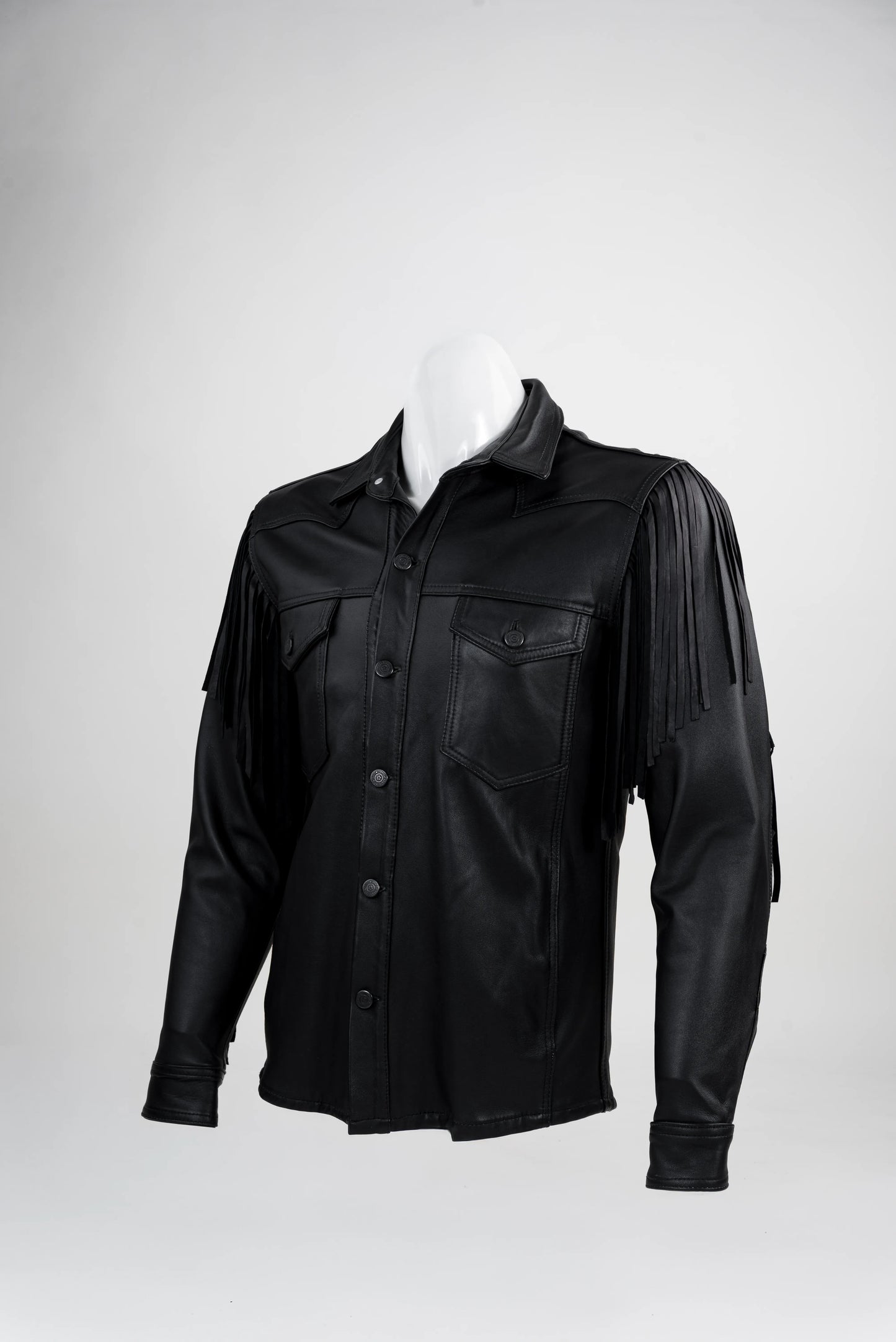 Black Fringe Leather Shirt Jacket (Taupe)