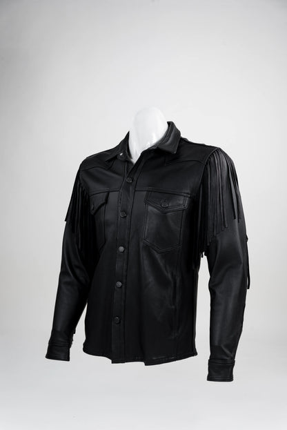 Black Fringe Leather Shirt Jacket (Taupe)