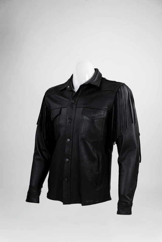 Black Fringe Leather Shirt Jacket (Taupe)