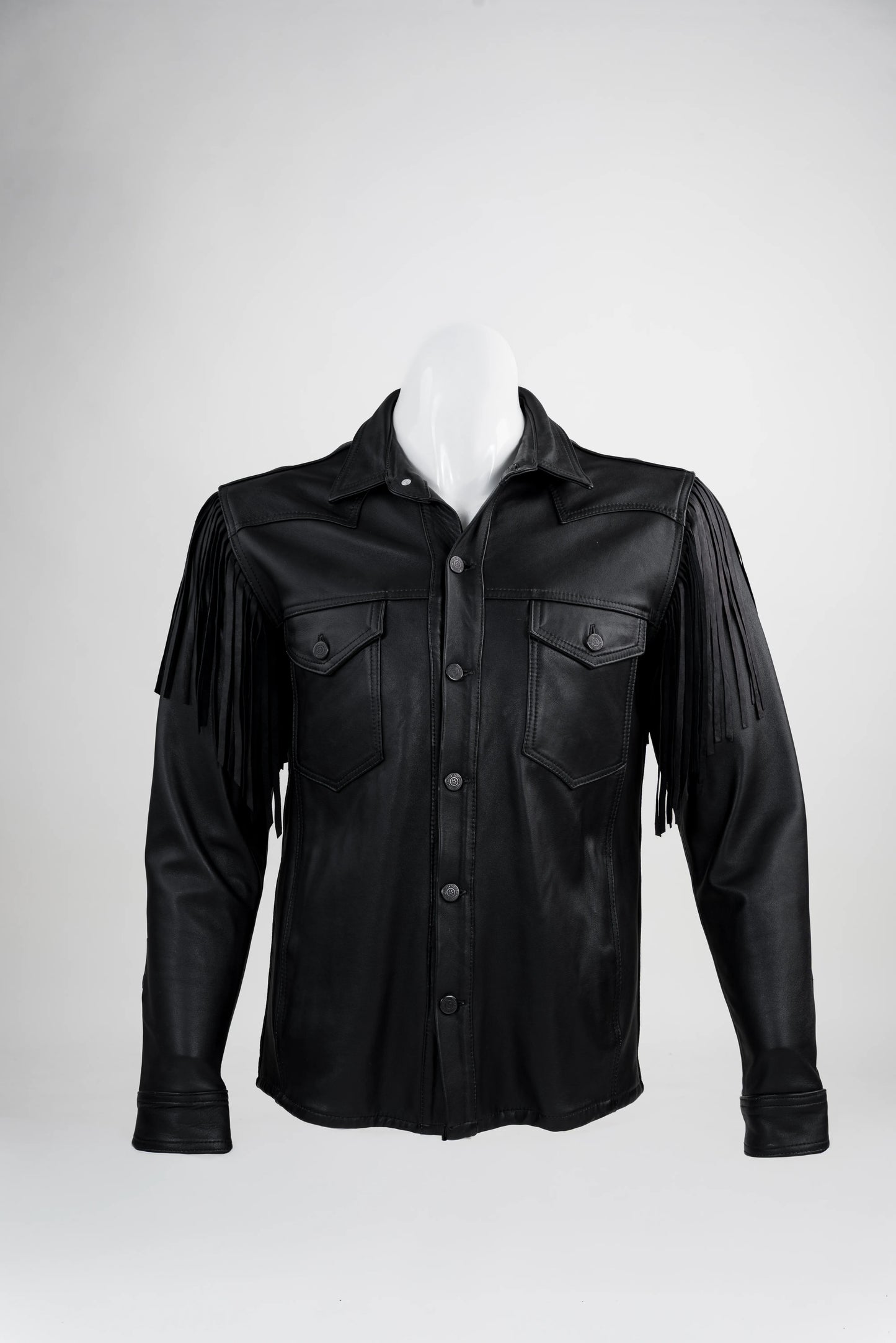 Black Fringe Leather Shirt Jacket (Taupe)