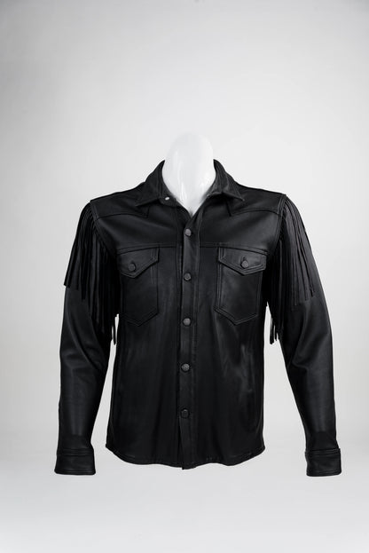 Black Fringe Leather Shirt Jacket (Taupe)